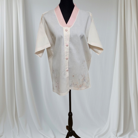 Korean Made Linen Cream and Pink Button-Up Blouse with Screen Print Design - Picture 3 of 9